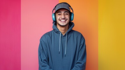 Portrait of a hipster man listening to music against a colorful background