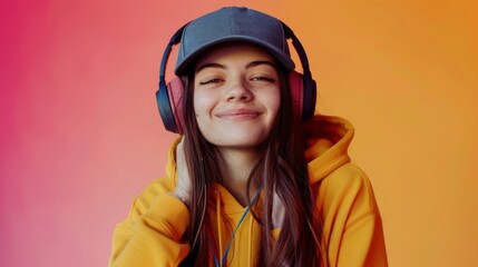 Portrait of a hipster woman listening to music against a colorful background