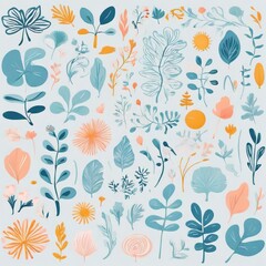 A collection of seamless pattern, colorful abstract plants and flowers. Hand drawn Collection of leaves and flowers. A close up of a pattern of flowers and leaves.

