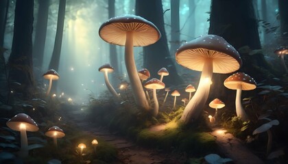 Enchanting Magical Forest With Glowing Mushrooms - obrazy, fototapety, plakaty