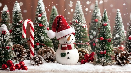 A cute snowman wearing a red hat and scarf is standing in a snowy forest. He is surrounded by decorated Christmas trees, candy canes, and pine cones.