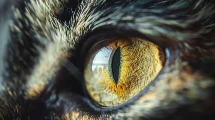 A close-up of a cat's eye shows the intricate details of the iris and pupil.