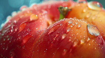 Close-up of a red apple with water drops. The apple is ripe and juicy, and the water drops areæ™¶èŽ¹å‰”é€.
