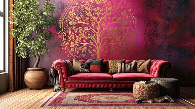 a tree mandala pattern against a richly colored wall, complemented by an inviting sofa.