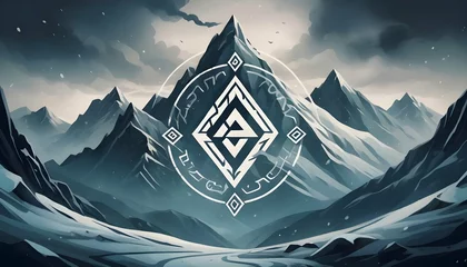 Foto auf Acrylglas Berge Norse Mythology Symbols Snowy Mountains Viki