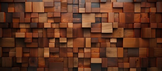 A structure composed of wooden blocks forming a wall set against a dark, shadowy background, creating a rustic and natural aesthetic