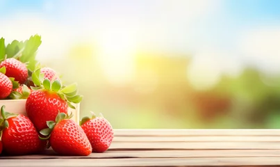 Poster Strawberry on wooden table, blurred garden background with copy space © xamtiw