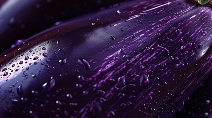Close-up of a purple eggplant with water droplets on its skin. The eggplant is a shiny, smooth, and has a deep purple color.