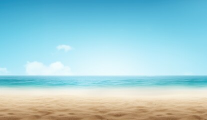 Obraz premium Empty summer beach background. Blue ocean water and yellow beach sand with copy space, front view. Empty island coast 