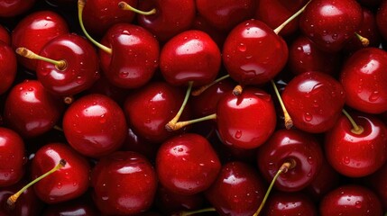 Summer cherries background, closeup top view