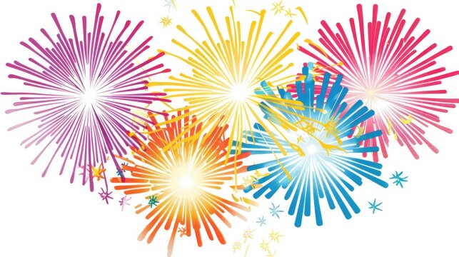 A vibrant clipart of fireworks bursting in the night sky, casting a colorful glow on the pure white background.