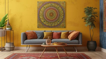 Fotobehang a vibrant mandala on a goldenrod yellow wall, creating a serene ambiance with a stylish sofa. © Ibraheem