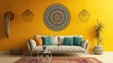 Foto op Plexiglas a vibrant mandala on a goldenrod yellow wall, creating a serene ambiance with a stylish sofa. © Ibraheem