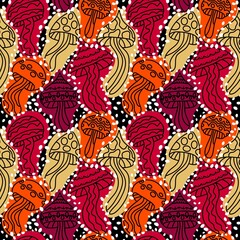 Naklejka premium Cartoon autumn harvest seamless neon Halloween mushrooms with skulls pattern for wrapping paper and fabrics