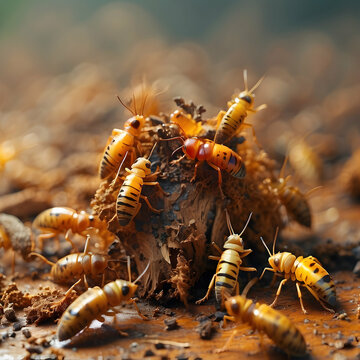 Close-up photo capturing the intricate details and vibrant colors of termites on a decaying log