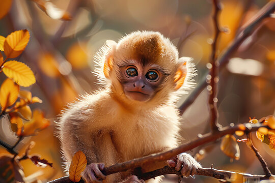 close up horizontal image of a cute baby monkey hanging on a tree branch
