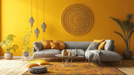  a vibrant mandala on a warm mustard yellow wall, creating a serene ambiance with a stylish sofa. © Ibraheem