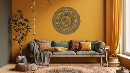 Fotobehang a vibrant mandala on a warm mustard yellow wall, creating a serene ambiance with a stylish sofa. © Ibraheem