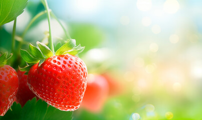Strawberry bush close up, berries on garden background with copy space - 766656960