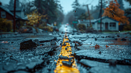 broken road in rain with leaves - obrazy, fototapety, plakaty