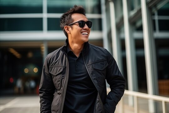 Portrait of a handsome asian man in black jacket and sunglasses