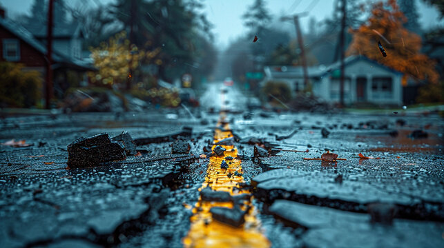 broken road in rain with leaves