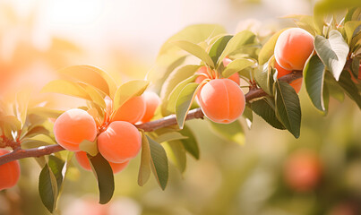 Peach tree close up, fruit orchard background with copy space - 766657338