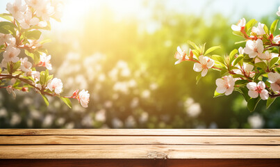 Wooden table in a blooming spring garden - 766657517
