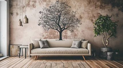 Deurstickers a visually appealing composition showcasing a tree mandala on a muted-colored wall, harmonized with a contemporary sofa. © Ibraheem
