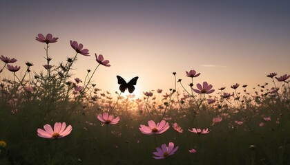 A Butterfly Silhouette Against A Field Of Blooming