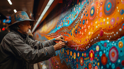 Peintre travail une peinture murale dans la rue, couleurs vives méditerranéenne latine