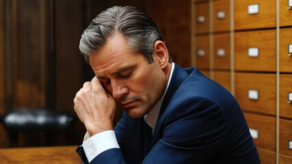 a middle-aged handsome businessman sitting in his office, deeply in his thoughts with closed eyes. wearing suits. AI generated