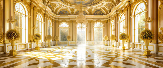 interior of gold palace. interior view of luxury ballroom or hall decorated with chandelier - obrazy, fototapety, plakaty