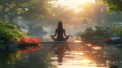 Femme méditation zen dans la nature, faune et flore, position yoga, réflexion et perception des éléments