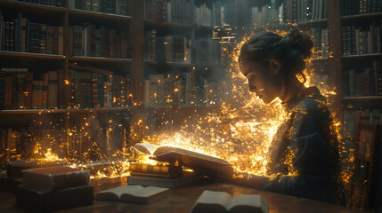 Femme lit un livre dans sa bibliothèque, effet visuel et graphique illustrant le transfert de la connaissance, l'intelligence