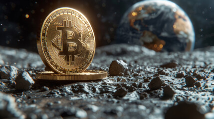 Bitcoin on the lunar surface, Earth and space in the background. Bitcoin dominance in global finance. Crypto to the Moon. - obrazy, fototapety, plakaty