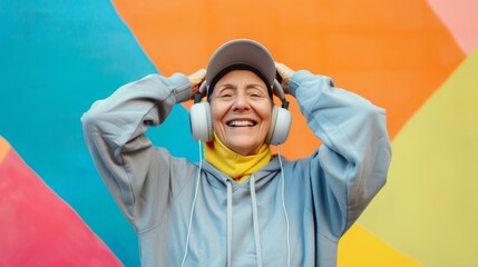 Portrait of a hipster woman listening to music against a colorful background
