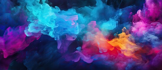 Vibrant smoke swirling in a unique formation against a bright blue sky, creating a mesmerizing colorful cloud - obrazy, fototapety, plakaty