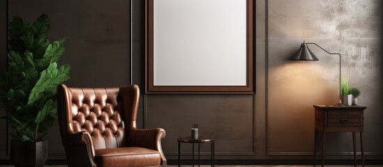 A comfortable brown leather armchair is situated in a softly illuminated room alongside a framed picture