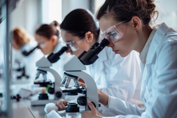 Scientists working with microscopes in a laboratory
