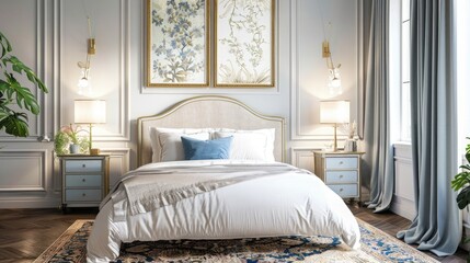 An elegant bedroom design with gold frame mockups displaying intricate floral patterns.