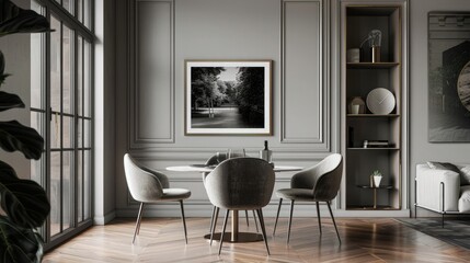 An elegant dining area with a silver frame mockup displaying a sophisticated black and white photograph.