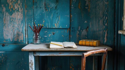 An empty school desk adorned with fresh pencils and a crisp notebook, waiting to be filled with dreams and discoveries.