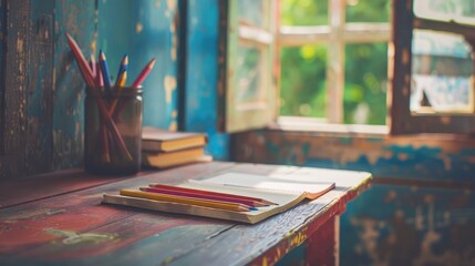 An empty school desk adorned with fresh pencils and a crisp notebook, waiting to be filled with dreams and discoveries. - obrazy, fototapety, plakaty