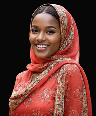 a brunette Muslim lady with red color traditional dress, wearing Hijab. smiling face, transparent background PNG. (AI generated)