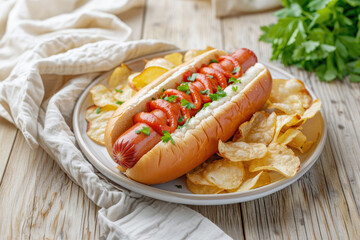 Plate of Hot Dog with Potato Chips