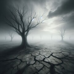 Cracked earth and tree, black and white
