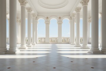 White colonnade with columns on the background of the sea. 3d rendering - obrazy, fototapety, plakaty