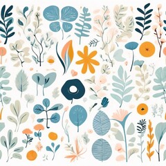 A collection of seamless pattern, colorful abstract plants and flowers. Hand drawn Collection of leaves and flowers. A close up of a pattern of flowers and leaves.
