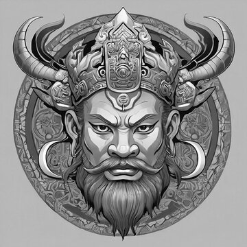 Black and white asian god illustration